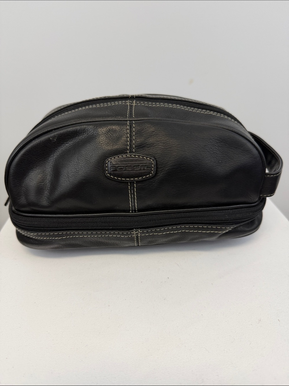 Fossil Black Leather Double Zip Travel Toiletry Dopp Kit Shaving Bag
